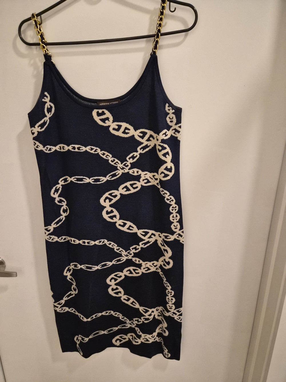 Adrienne Vittadini Navy Chain-Print Dress with Gold Chain Straps Size L